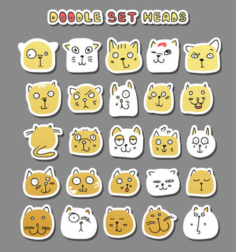 Set of 25 doodle cats with different emotions handmade. Cat face