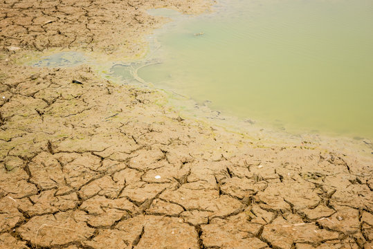 cracked soil in the bottom of a river showing drought
