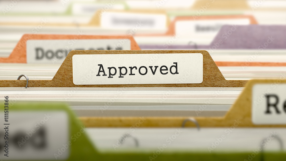 Poster approved concept. colored document folders sorted for catalog. closeup view. selective focus. 3d ren