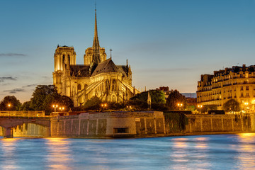 The famous Notre Dame cathedral in Paris at dawn
