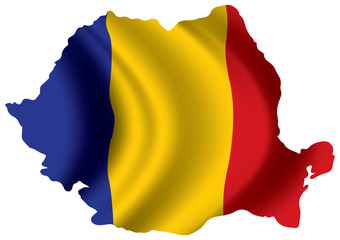 Obraz premium Vector Romania flag blowing in the wind. in Romania map shape.