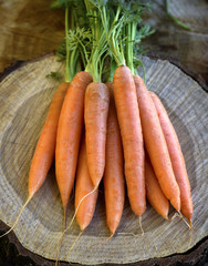 Fresh carrots bunch on rustic wooden background