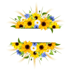 Obraz premium Vector background of sunflowers, daisies, cornflowers, ears of wheat and leaves isolated on a white background.