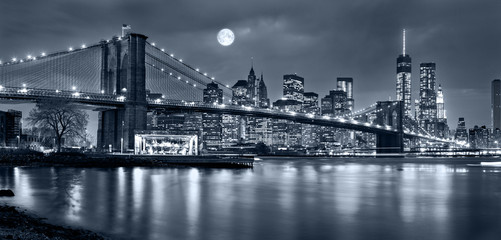 Night panorama of of New York City with the moon in the sky