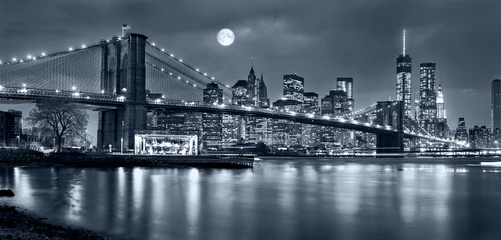 Foto auf Leinwand Nachtpanorama von New York City mit dem Mond am Himmel © bluraz