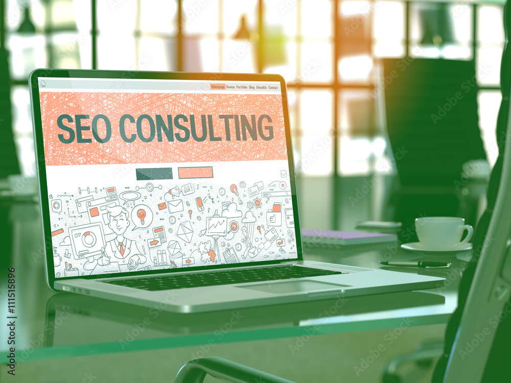 Poster seo - search engine optimization - consulting concept. closeup landing page on laptop screen in dood