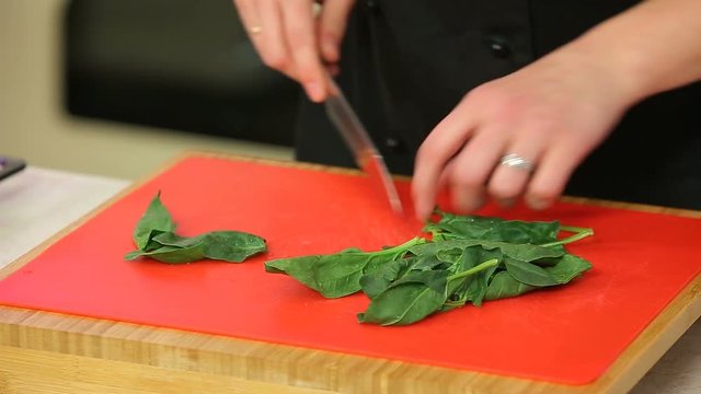 Chef's hands cutting spinach salad
