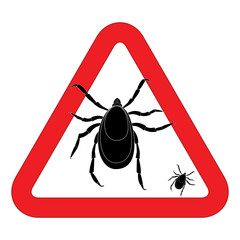 Mite warning sign. Vector illustration of tick warning sign. Bud warning sign. Parasite warning sign. Mite skin parasite vector sign. Mite skin parasite isolated on white.