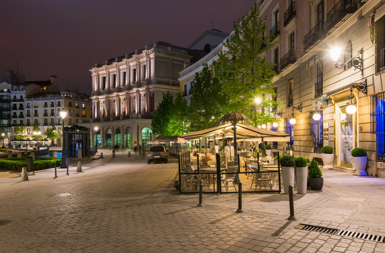 Old square in Madrid at night. Spain