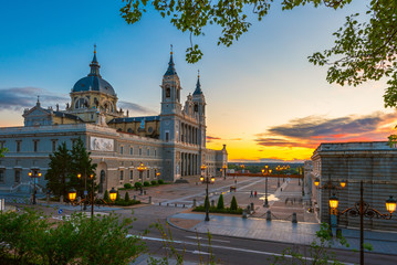 Sunset view of Cathedral Santa Maria la Real de La Almudena in Madrid, Spain