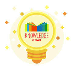Flat icon in a bulb shape. Book logo in lamp with text: Knowledge is power. The concept of modern education, school, science, knowledge, learning. Vector illustration.