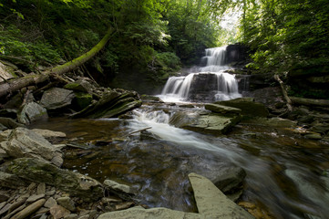 A long exposure of a waterfall scene in a forest of green trees.