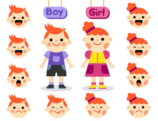 Cute girl and boy with faces showing different emotions