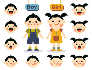 Cute girl and boy with faces showing different emotions