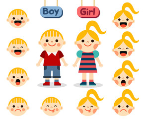 Cute girl and boy with faces showing different emotions