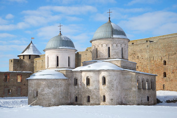 IVANGOROD, RUSSIA - MARCH 06, 2016: Assumption Church in Ivangorod Fortress close-up at the...