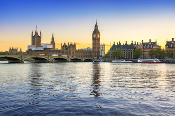 Fototapeta na wymiar Big Ben and Westminster Bridge in London at sunset, UK