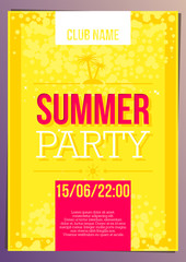 Vertical bright yellow summer party background with graphic elements and text.  