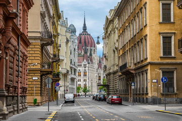 The Hungarian Parliament from one of the colourful streets in Budapest