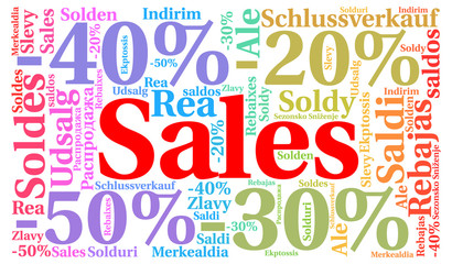 Sales in different languages word cloud concept