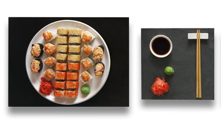 Set of sushi maki and rolls isolated at white.