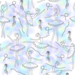 Seamless pattern with dancing ballerinas on a floral background. Vector