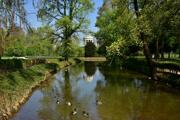Fototapeta na wymiar The small lake inside Querini public park in the center of Vicenza, with neoclassical temple in the background