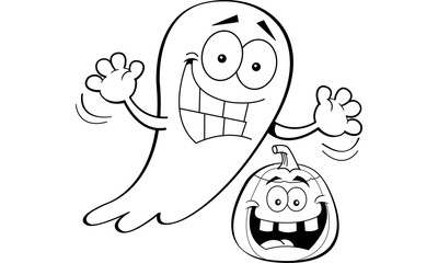 Black and white illustration of a ghost with a pumpkin.