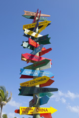 Colorful direction sign post with China, Colombia, Kenia, Portugal and other countries names.
