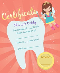 Cute tooth fairy receipt certificate template with sparkling tooth, tooth fairy girl and coin. Reward for children who loose their baby teeth.