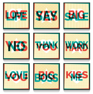 A set of retro fun overprint multilayered anaglyph effect cards with conceptual text and symbols. Offset print effect typography on a grungy aged background.
