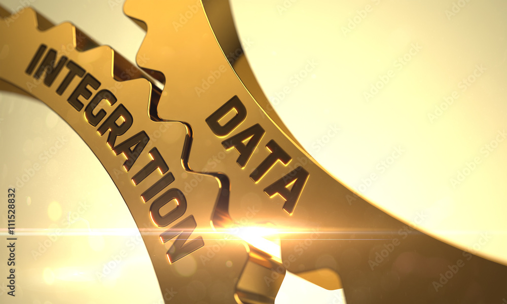 Poster data integration golden metallic gears. data integration on mechanism of golden gears. data integrat