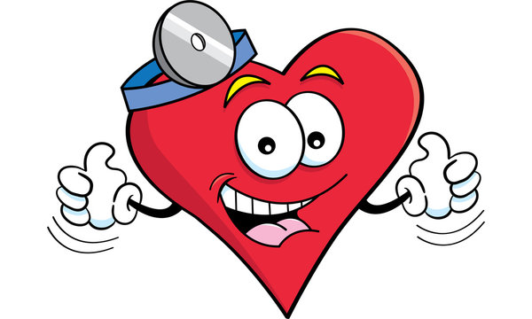 Cartoon illustration of a heart with thumbs up.