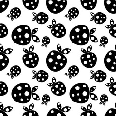 Seamless vector pattern with black decorative ornamental cute strawberries on the white background. Repeating tiled ornament. Series of Fruits and Vegetables Seamless Patterns.