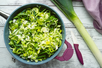 Fresh leek in the pan