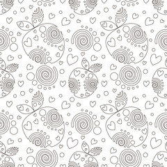 Seamless vector pattern with black decorative ornamental beautiful strawberries and dots on the white background. Repeating tiled ornament. Series of Fruits and Vegetables Seamless Patterns.