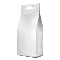 Foil Paper Food Bag Package With Handle Salt, Sugar, Pepper, Spices Or Flour, Folded, Grayscale. On White Background Isolated. Mock Up Template Ready For Your Design. Product Packing Vector EPS10