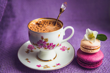 French macarons with white flowers