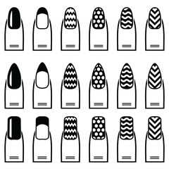 Female manicure  gel & hybrid  including shapes such as almond, square, rounded nails with plain nail polish, French manicure, zig zags elements , waves and decorative dots & lines in black and white 