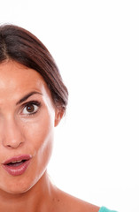 Attractive surprised brunette young woman only