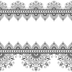 Indian, Mehndi Henna line lace element with circles pattern card for tattoo on white background