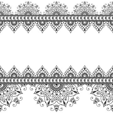 Indian, Mehndi Henna line lace element with circles pattern card for tattoo on white background
