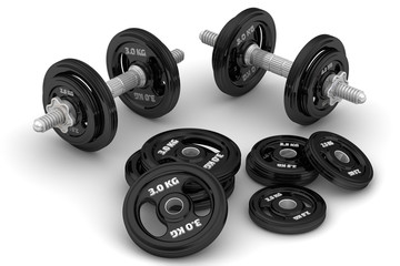 Obraz na płótnie Canvas Dumbbells. Collapsible dumbbells and disks lie on a white surface. Isolated. 3D Illustration