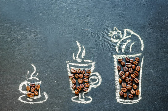 drawn with chalk cup of coffee with coffee beans