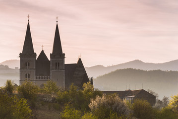 Obraz premium Beautiful Old Cathedral in the Misty Spring Morning (Spisske Podhradie, Slovakia)