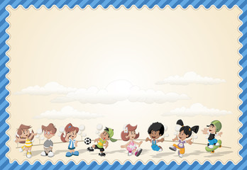 Card with a group of happy cartoon children playing
