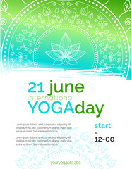 Vector yoga illustration. Template of poster for International Yoga Day. Flyer for 21 june, Yoga day. Lotus contour on ethnic pattern backdrop. Flat design. Linear illustration on gradient background.