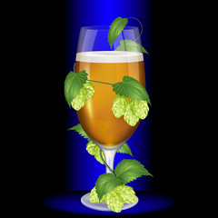 Glass of light beer wrapped hops. Realistic vector illustration