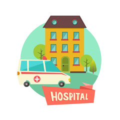 Building Icons, hospital, with windows and trees on blue background. Vector illustration in flat design. Colorful banner with ambulance car and ribbon for text. Hospital logo concept.