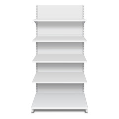 White Blank Empty Showcase Displays With Retail Shelves Front View 3D Products On White Background Isolated. Ready For Your Design. Product Packing. Vector EPS10